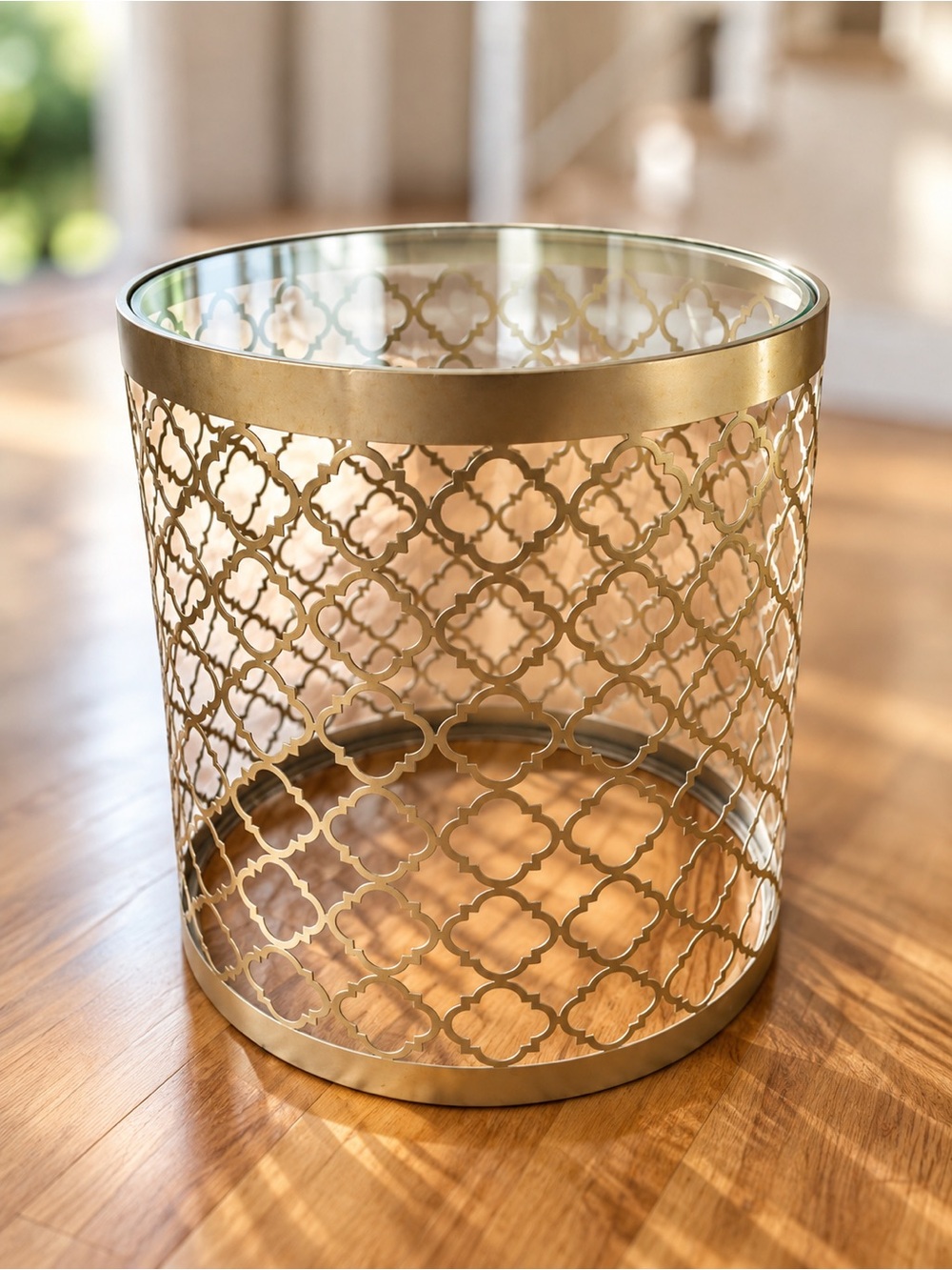 Antique Gold Lattice Metal Accent/Side Table Glass Top-19.5”H x 18” Diameter